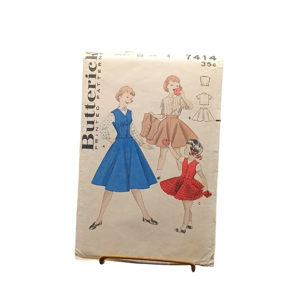 Vintage 1950S Butterick Sewing Pattern 7414 Girls Blouse Weskit And Skirt